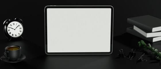 Dark workspace style, black table background with stands tablet mockup