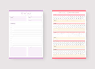 Modern planner template set. Set of planner and to do list. Monthly habit and to do list planner template. Vector illustration.