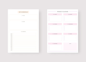 Modern planner template set. Set of planner and to do list. Weekly planner template. Vector illustration.
