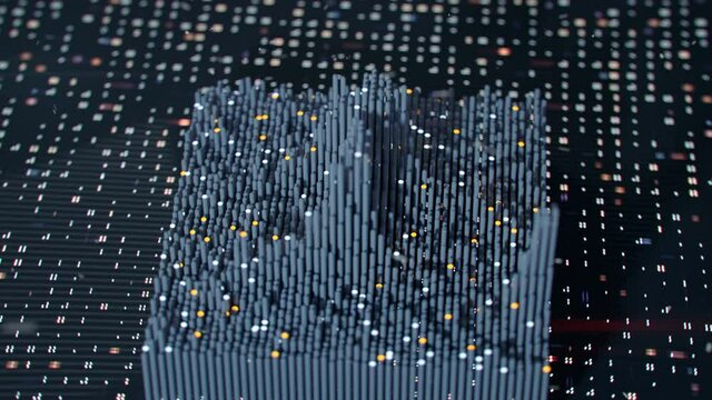 Digital quantum equalizer. Three dimensional wave vibrations. Seamless loop 3D render animation with DOF and bokeh lights