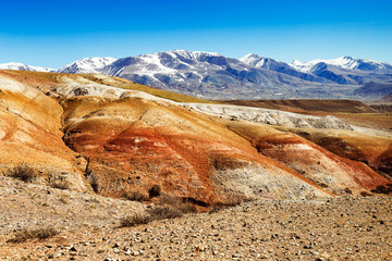 Colorful Mars in Altai Mountains. Martian valley, beautiful landscape in Altai Republic, Russia.