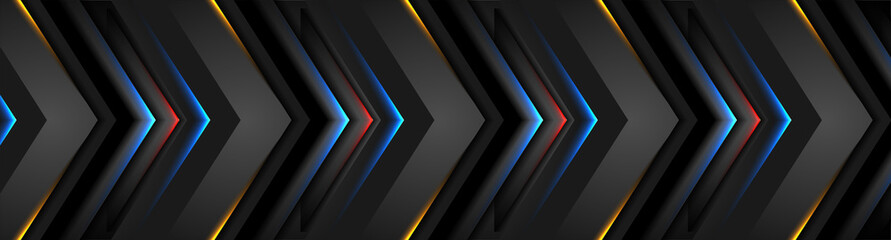 Obraz premium Technology black abstract background with glowing neon arrows. Vector geometric futuristic banner design