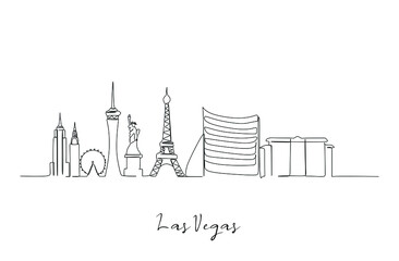 One single line drawing Las Vegas city skyline, United States. Historical landscape. Best holiday destination home wall decor poster print art. Trendy continuous line draw design vector illustration