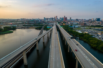 Aerial View of Crossing Highways Leading into Baltimore City at Sunset