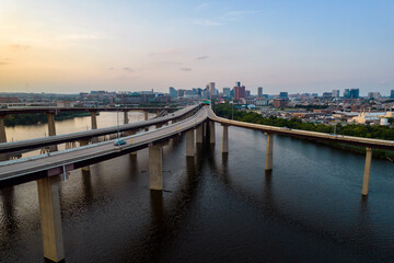 Fototapeta na wymiar Aerial View of Crossing Highways Leading into Baltimore City at Sunset