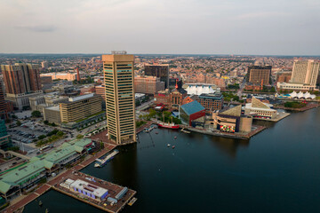 Fototapeta na wymiar Aerial View of Baltimore City Inner Harbor at Sunset