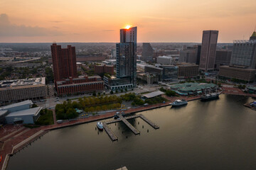 Aerial View of Baltimore City Inner Harbor at Sunset