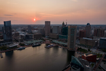Fototapeta na wymiar Aerial View of Baltimore City Inner Harbor at Sunset