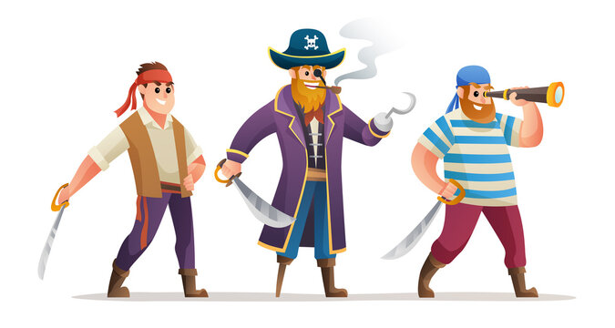 Cartoon character set of pirates captain and soldiers holding sword