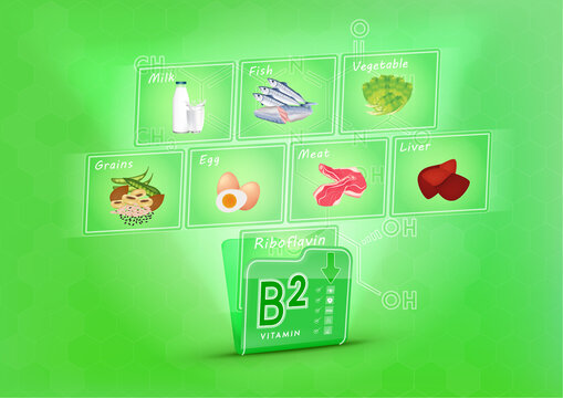 Folder collect vitamin B2 green. There is a screen projector out pictures of fruits and vegetables. Vitamin that neutralize free radicals. Anti aging beauty concept and health care. 3D vector EPS10.