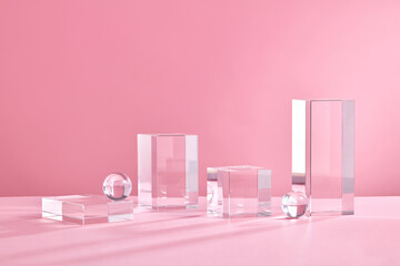 Abstract empty geometric shape podium for product on pastel pink background. Copy space. Crystal...
