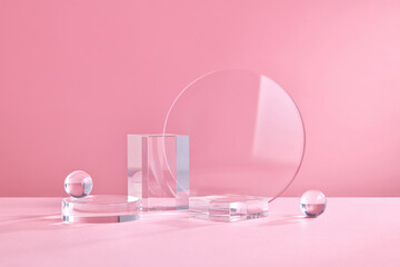 Cylinder abstract minimal scene with glass geometric platform. Background crystal podium. Stand to show cosmetic products. Stage Showcase on pedestal modern studio pink pastel