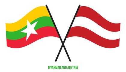 Myanmar and Austria Flags Crossed And Waving Flat Style. Official Proportion. Correct Colors.