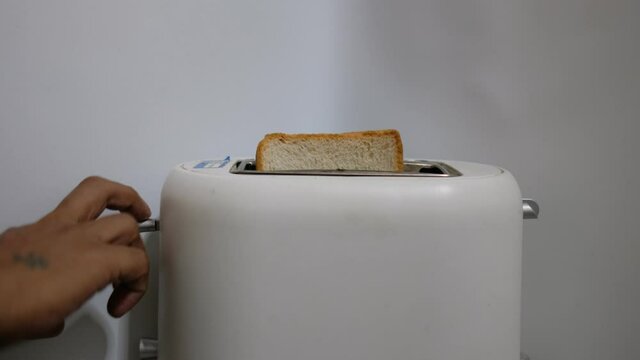 close up of a hand holding a toaster with bread, Morning toasting whole wheat bread