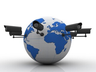 Fototapeta premium 3d rendering Surveillance CCTV Security Camera connected globe 