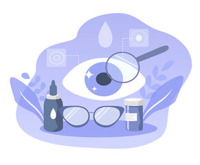 vector illustration on the theme of ophthalmology -eye drops, tablets, eyes and glasses. trend illustration in flat style