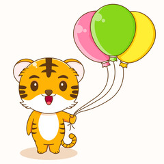 Cute tiger holding colorful balloons cartoon illustration