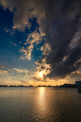 Sunset on a lake in the city