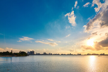 Sunset on a lake in the city