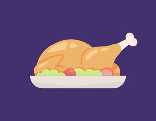 illustration of roast chicken or roast turkey. fall food and thanksgiving events. Chicken served whole on a plate with vegetables and tomatoes. flat cartoon style. flat design