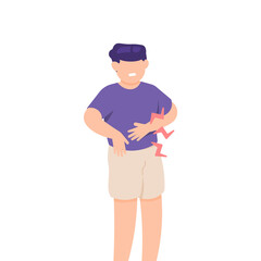 a man holds his stomach because he feels stomach pain after eating. effects of satiety, eating too much, flatulence. expression of a person in pain. flat style. vector design element