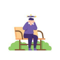 illustration of a man sitting on a park bench and experiencing dizziness. suffer from migraines, headaches, many thoughts and problems. mental health. flat cartoon style. vector element design