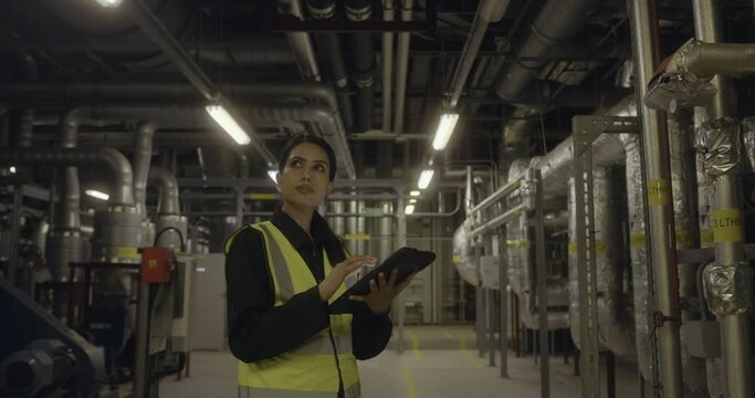 Female engineer inspecting an industrial plant room