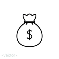 Money bag line icon. Simple outline design style. Dollar, moneybag, cash, million, sack concept. Vector illustration isolated on White background. Editable stroke Eps 10.