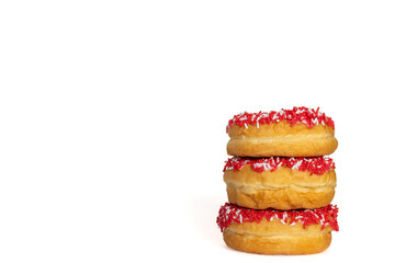 Three red donuts with sprinklers isolated on white background with copy space for text