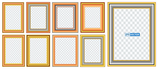 set of realistic gold frame template isolated or gold wood frame retro style or vintage gold photo frame mock up. eps vector
