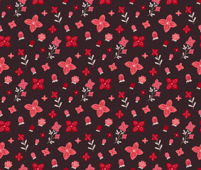 Seamless pattern with small pink and coral flowers on dark burgundy background. Natural texture with sakura buds. Vector floral wallpaper. Delicate fabric with hand-drawn cartoon kosmeya