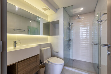 Fototapeta na wymiar Clean and white Bathroom with Amenities in Luxurious Apartment