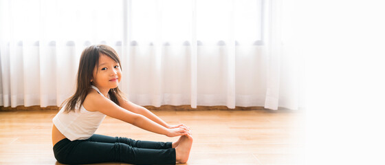 Banner of Asian happy girl doing Yoga in bedroom. Family and home activity concept