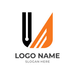 letter U tech logo design, letter U and technology, combination with flat black and orange color style