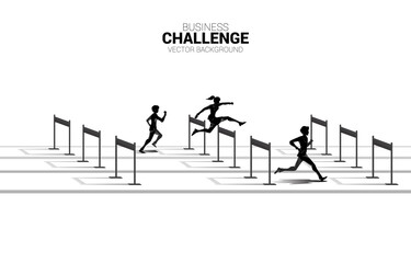 Silhouette businessman and businesswoman jumping across hurdles obstacle race. Background concept for competition and challenge in business