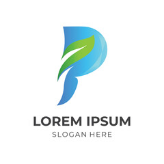 letter P and leaf logo concept with 3d blue and green color style