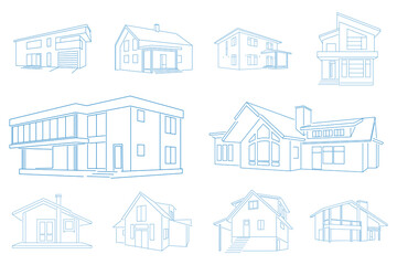 Set of houses drawn by line. Vector image.