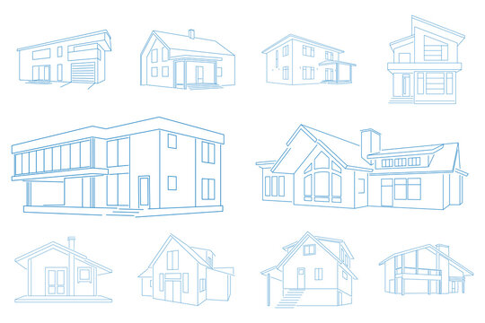 Set of houses drawn by line. Vector image.