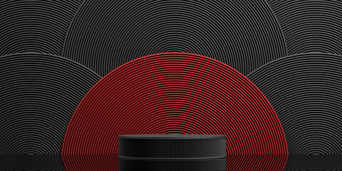 japanese style minimal abstract background .podium with red half circle and black background for product presentation. 3d rendering illustration.