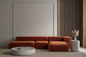 Modern minimalism interior with orange sofa, moldings and decor. 3d render illustration mockup.