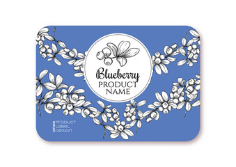 Blueberry Ripe berries. Template for product label, cosmetic packaging. Easy to edit. Graphic drawing, engraving style. Vector illustration.
