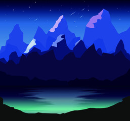 Nature scene with mountain, lake, starry night sky, Landscape