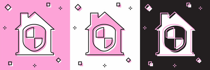 Set House under protection icon isolated on pink and white, black background. Home and shield. Protection, safety, security, protect, defense concept. Vector