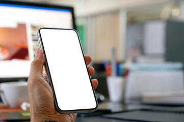 Closeup view of man hand holding blank screen smartphone.