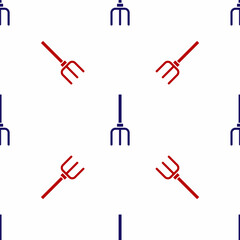Blue and red Garden pitchfork icon isolated seamless pattern on white background. Garden fork sign. Tool for horticulture, agriculture, farming. Vector