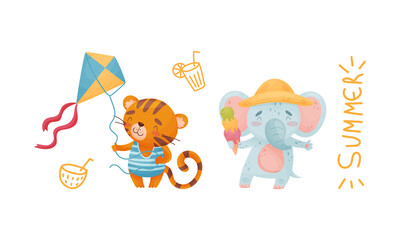 Cartoon Animals Eating Ice Cream and Flying Toy Kite Vector Set