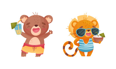 Cartoon Animal in Swimsuit and Sunglasses Drinking Cocktail Vector Set