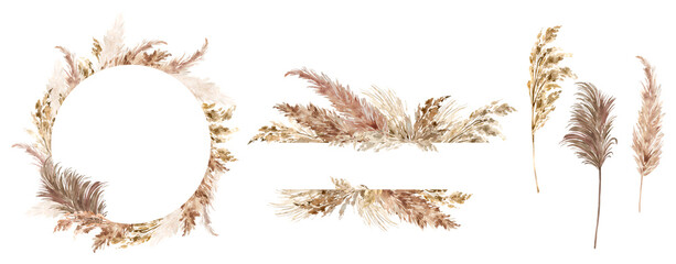 Pampas grass wreath, border painted with watercolor. Boho dried grass neutral colors set. Botanical nature design isolated on white. Bohemian style wedding invitation, greeting, card, postcard,  - obrazy, fototapety, plakaty
