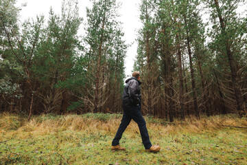Man walking among tall pine trees in forest
