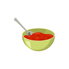 Red tomato paste in a bowl with a spoon. Sauce or seasoning for food and snacks. A healthy source of vitamins